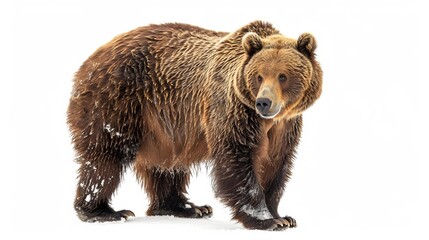 Obraz premium A striking brown bear standing in a snowy wilderness, with snowflakes on its fur, emanating a sense of strength and resilience amidst a cold, winter landscape.