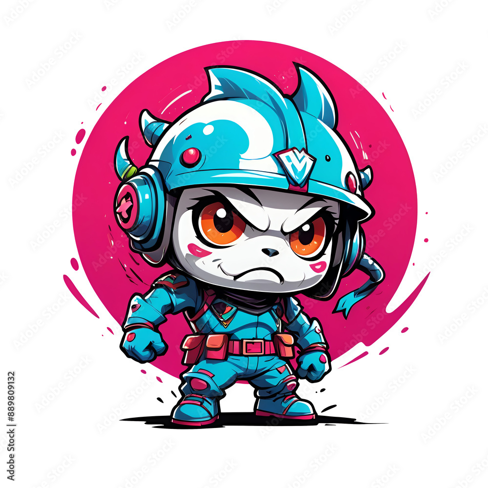 Poster a cartoonish blue character with a helmet and headphones on