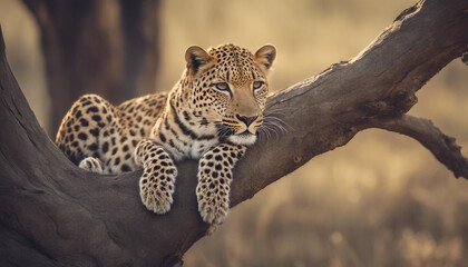 Fototapeta premium A leopard lying gracefully on a high tree branch, with a panoramic view of the savanna. 
