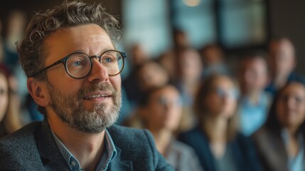 Obraz premium Skilled 30s caucasian leader in eyeglasses coaching interested business people, giving educational workshop presentation in office. Concentrated employees listening to professional coach at workshop.