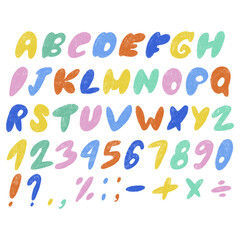 Chalk drawing alphabet. Kids pencil textured letters, numbers, symbols. Freehand pastel childish hand drawn set. ABC school paintbrush doodle collection. Isolated vector illustration 