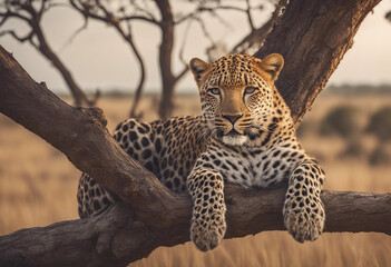 A leopard lying gracefully on a high tree branch, with a panoramic view of the savanna.
