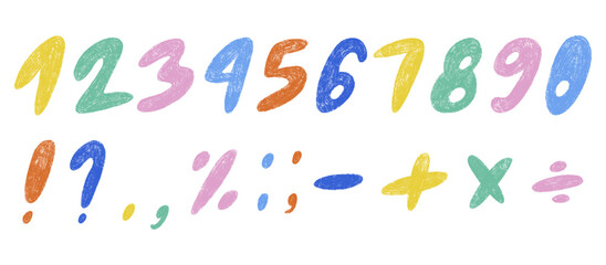 Chalk drawing kids pencil textured numbers and symbols. Freehand pastel childish hand drawn set. ABC school paintbrush doodle collection. Isolated vector illustration