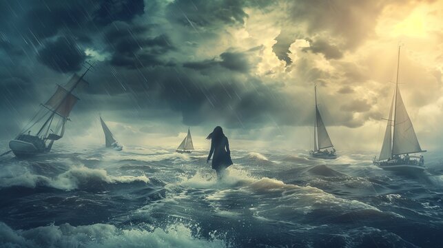 A woman walks in a stormy sea with sailing ships surrounding her, presenting a dramatic scene that captures the power of nature and human perseverance amidst a tempest.