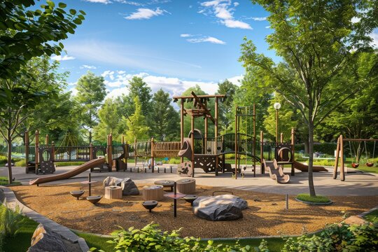 Wooden Playground with Sunny Sky and Green Trees