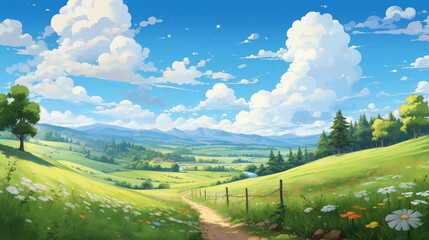 Fototapeta premium Idyllic Countryside Scene with a Path and Wildflowers under a Clear Blue Sky Leading to a Forest and Distant Mountains