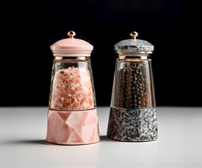 spice shakers with Himalayan pink mineral salt and peppercorns, white surface and black background