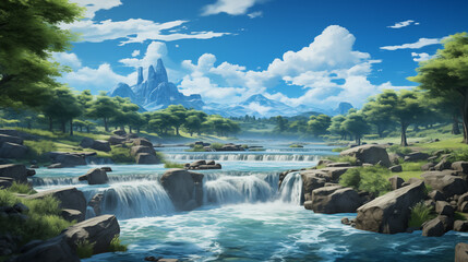 Scenic Landscape with Cascading Waterfalls and Distant Mountains under Clear Blue Sky