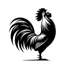 Simple black and white silhouette of a rooster, perfect for logos, illustrations, or decor. Captures the iconic red-combed bird known for its loud crowing. Versatile and stylish