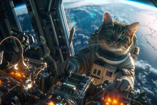 Cat in space,cat astronaut,universe,spaceship. A creative shot of a cat in a spacesuit using tools to repair a satellite in orbit, with Earth visible below.
