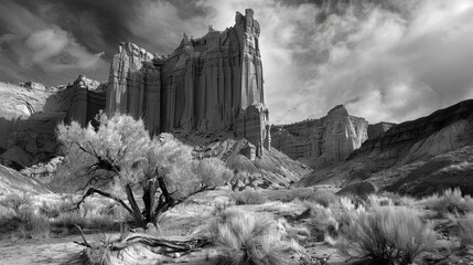 A black and white photograph showcasing a solitary tree amidst a vast desert landscape, dominated by towering cliffs and dramatic skies, evoking a sense of isolation.