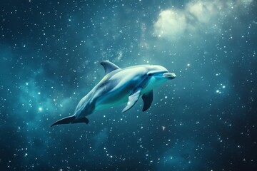 A close-up shot of a dolphin wearing a specially designed spacesuit, swimming gracefully through the void of space. Dolphin astronaut suit,dolphin in space