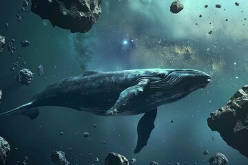 Fototapeta premium Whale swimming through space,whale in space. An epic shot of a whale swimming gracefully through an asteroid field, dodging floating rocks.