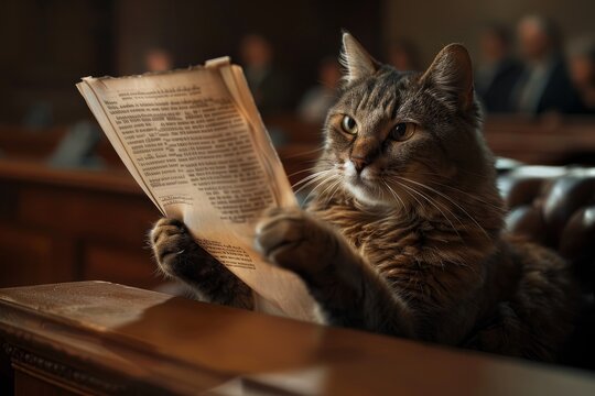 A focused shot of a cat judge reading a document with serious expression, holding it with its paws. Cat judge,courtroom setting,animals as a lawyers.