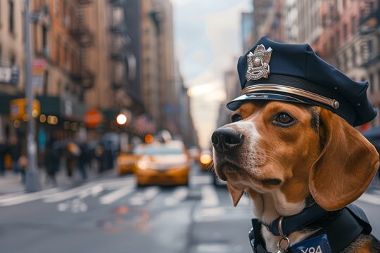 Dog police officer,dog policeman,police uniform. A focused shot of a Beagle policeman in the middle of a busy intersection, directing traffic with a whistle in its mouth.
