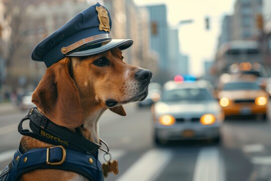 A focused shot of a Beagle policeman in the middle of a busy intersection, directing traffic with a whistle in its mouth. Dog police officer,dog policeman,police uniform