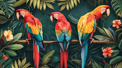Fototapeta premium tropical parrot prints, colorful parrot drawings paired with tropical motifs form a bright and cheerful design