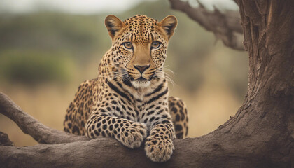 A leopard lying gracefully on a high tree branch, with a panoramic view of the savanna.
