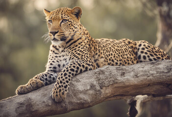 Fototapeta premium A leopard lying gracefully on a high tree branch, with a panoramic view of the savanna. 