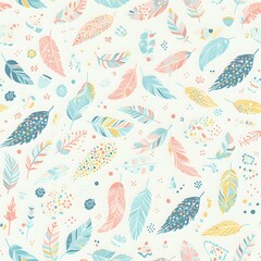 Colorful seamless pattern with various feathers on a white background, ideal for design and decoration projects. Perfect for themes of nature, art, and textiles.