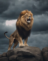 A lion roaring atop a rocky outcrop, with a dramatic stormy sky
