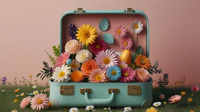 Pastel Spring & Summer Flower Filled Suitcase Creative Lifestyle, Self-Care, Travel Concept - 3D Render for Lifestyle Blogs, Travel Magazines, Wellness Websites