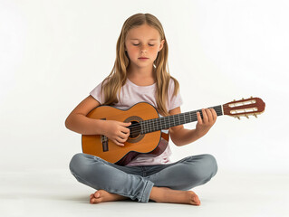 Fototapeta premium young girl is sit playing the guitar with white background