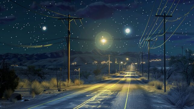Desert Highway at Night with Streetlights and Mountains