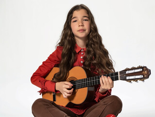 Fototapeta premium young girl is sit playing the guitar with white background
