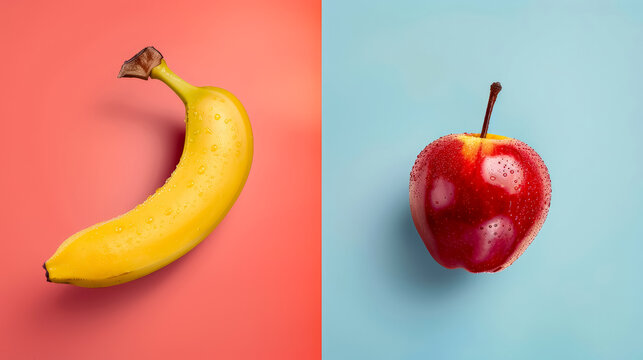 Banana and apple minimalist poster design. Banana and apple are placed on contrast light blue and red backgrounds. 