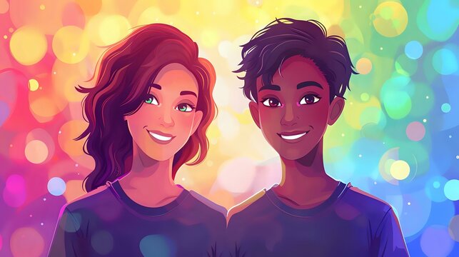 Smiling animated couple with a warm background, representing happiness and love. Perfect for themes of relationships, joy, and togetherness.