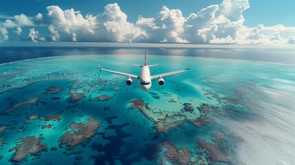 Fototapeta premium Small airplane with contrails flying low over a beautiful coral reef in the ocean. The water is crystal clear, filled with colorful coral and fish, under a sky of white clouds