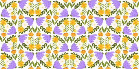 Seamless surface design showcasing floral elements. Botanical-inspired repetitive fabric or wallpaper pattern with yellow, orange, and sizable lilac flowers, various leaves.