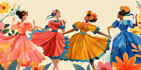 Four diverse women wearing colorful dresses dancing in a flower garden