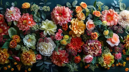 Vintage style artificial flowers wall background