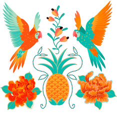 set of flowers and birds