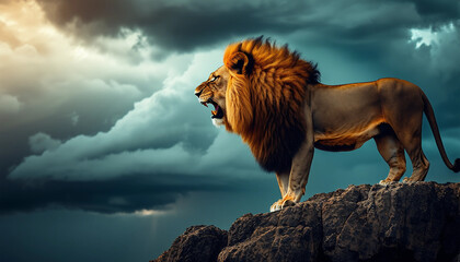 Obraz premium A lion roaring atop a rocky outcrop, with a dramatic stormy sky 