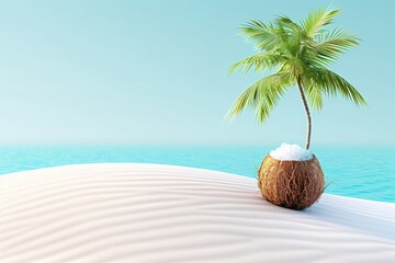 Obraz premium Minimalist photo of a lone palm tree growing from a coconut on white sand symbolizing tropical simplicity and uniqueness