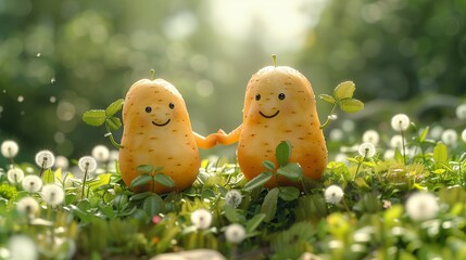 Two Smiling Potatoes Holding Hands in a Field of Dandelions