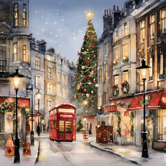 Beautiful Watercolor London Scene: Perfect for Your Christmas Holiday Cards