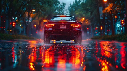 Car driving down wet city street at night