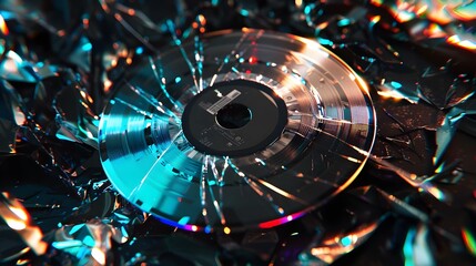 Background with damaged compact disk and holographic effect