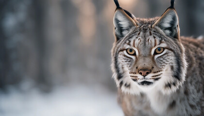 Obraz premium A lynx stalking through the snow-covered woods, dawn 