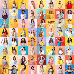 Big collage of young women on color background