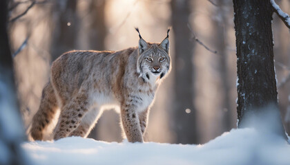Fototapeta premium A lynx stalking through the snow-covered woods, dawn 