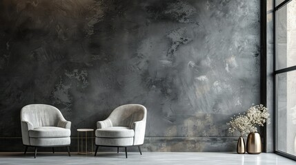 Contemporary interior with grey empty wall and elegant armchairs, ideal for decor inspiration