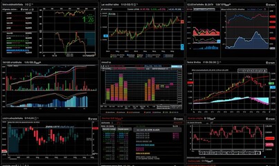Obraz premium Financial Charts and Data on Multiple Monitors