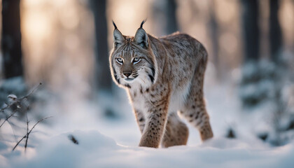 A lynx stalking through the snow-covered woods, dawn
