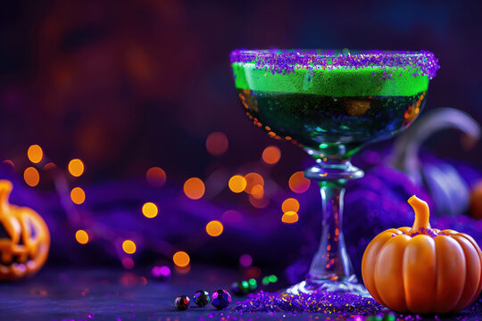 festive halloween green cocktails with glitter on spooky table setting