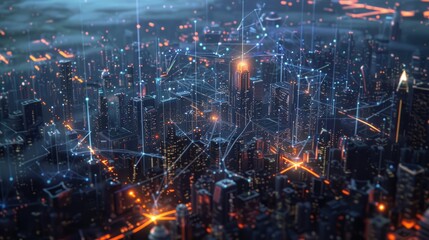 Fototapeta premium Digital visualization of smart city connections with dot points and lines, emphasizing technology metaverse concepts